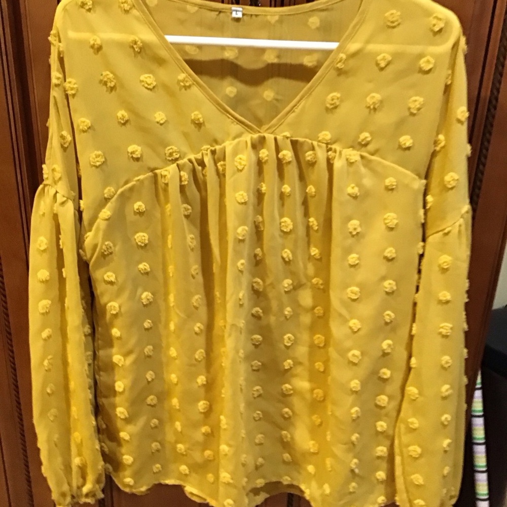 Womens Top Dressy Mustard Swiss Dot Sheer Blouse Size Large peasant style church